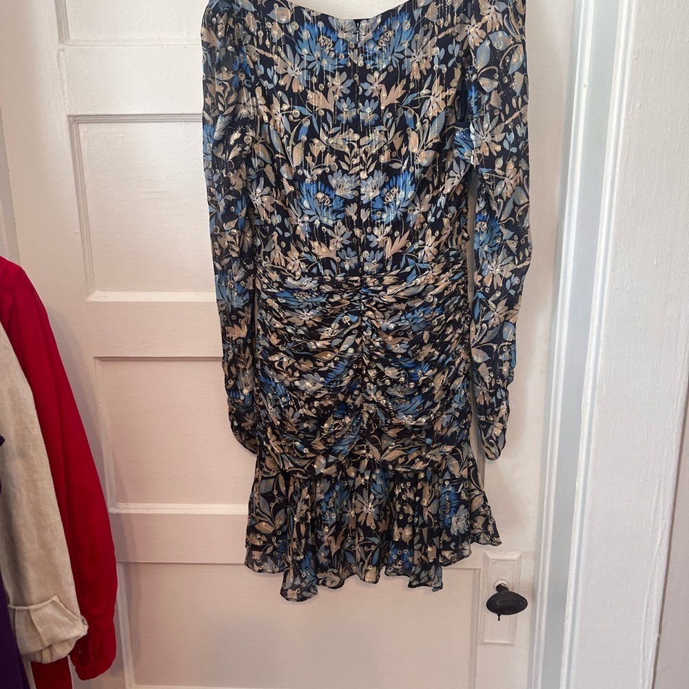 Monique Lhuillier Blue and Cream Floral Long Sleeve Dress - Picture 5 of 6